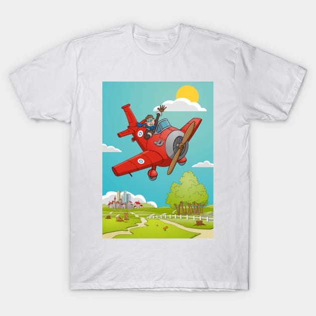 The waving pilot in his red airplane with landscape and background T-Shirt by Stefs-Red-Shop